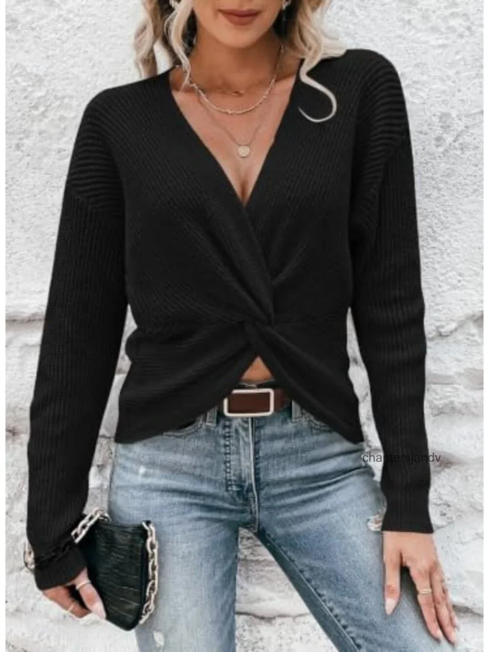 Deep V Neck Twist Front Cropped Knit Sweater Long Sleeve Pullover